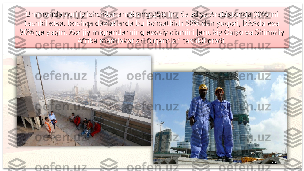 Ummonda xorijiy ishchilar aholining 25% ini, Saudiya Arabistonda 30% ini 
tashkil etsa, boshqa davlatlarda bu ko‘rsatkich 50% dan yuqori, BAAda esa 
90% ga yaqin. Xorijiy migrantlarning asosiy qismini Janubiy Osiyo va Shimoliy 
Afrika mamlakatlari fuqarolari tashkil etadi.     