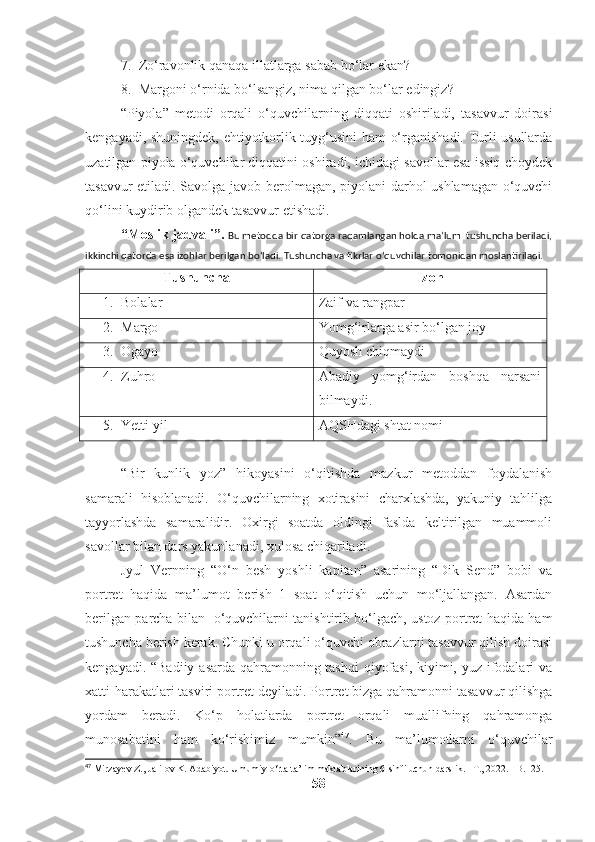 7. Zo‘ravonlik qanaqa illatlarga sabab bo‘lar ekan?
8. Margoni o‘rnida bo‘lsangiz, nima qilgan bo‘lar edingiz?
“Piyola”   metodi   orqali   o‘quvchilarning   diqqati   oshiriladi,   tasavvur   doirasi
kengayadi, shuningdek, ehtiyotkorlik tuyg‘usini ham o‘rganishadi. Turli usullarda
uzatilgan piyola o‘quvchilar diqqatini oshiradi, ichidagi savollar esa issiq choydek
tasavvur etiladi. Savolga javob berolmagan, piyolani darhol ushlamagan o‘quvchi
qo‘lini kuydirib olgandek tasavvur etishadi.
“Moslik jadvali”.  Bu metodda bir qatorga raqamlangan holda ma’lum  tushuncha beriladi,
ikkinchi qatorda esa izohlar berilgan boʻladi. Tushuncha va fikrlar oʻquvchilar tomonidan moslantiriladi.
Tushuncha Izoh
1. Bolalar Zaif va rangpar
2. Margo Yomg‘irlarga asir bo‘lgan joy
3. Ogayo Quyosh chiqmaydi
4. Zuhro Abadiy   yomg‘irdan   boshqa   narsani
bilmaydi.
5. Yetti yil AQSHdagi shtat nomi
“Bir   kunlik   yoz”   hikoyasini   o‘qitishda   mazkur   metoddan   foydalanish
samarali   hisoblanadi.   O‘quvchilarning   xotirasini   charxlashda,   yakuniy   tahlilga
tayyorlashda   samaralidir.   Oxirgi   soatda   oldingi   faslda   keltirilgan   muammoli
savollar bilan dars yakunlanadi, xulosa chiqariladi.
Jyul   Vernning   “O‘n   besh   yoshli   kapitan”   asarining   “Dik   Send”   bobi   va
portret   haqida   ma’lumot   berish   1   soat   o‘qitish   uchun   mo‘ljallangan.   Asardan
berilgan parcha bilan   o‘quvchilarni tanishtirib bo‘lgach, ustoz portret haqida ham
tushuncha berish kerak. Chunki u orqali o‘quvchi obrazlarni tasavvur qilish doirasi
kengayadi. “Badiiy asarda qahramonning tashqi  qiyofasi, kiyimi, yuz ifodalari va
xatti-harakatlari tasviri portret deyiladi. Portret bizga qahramonni tasavvur qilishga
yordam   beradi.   Ko‘p   holatlarda   portret   orqali   muallifning   qahramonga
munosabatini   ham   ko‘rishimiz   mumkin” 47
.   Bu   ma’lumotlarni   o‘quvchilar
47
 Mirzayev Z., Jalilov K. Adabiyot. Umumiy o‘rta ta’lim maktablarining 6-sinfi uchun darslik. –T., 2022. –B.125.
58 