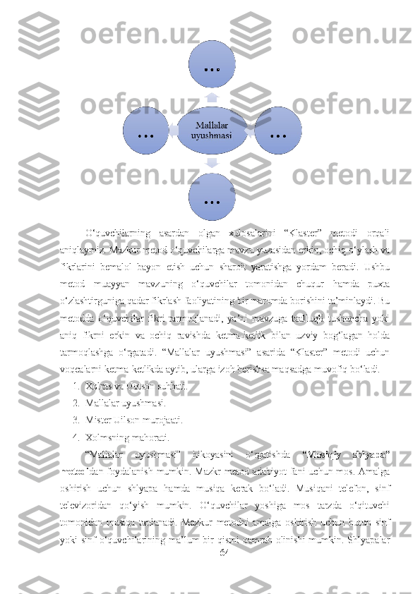 O‘quvchilarning   asardan   olgan   xulosalarini   “Klaster”   metodi   orqali
aniqlaymiz. Mazkur metod o‘quvchilarga mavzu yuzasidan erkin, ochiq o‘ylash va
fikrlarini   bemalol   bayon   etish   uchun   sharoit   yaratishga   yordam   beradi.   Ushbu
metod   muayyan   mavzuning   o‘quvchilar   tomonidan   chuqur   hamda   puxta
o‘zlashtirguniga qadar fikrlash faoliyatining bir maromda borishini ta’minlaydi. Bu
metodda   o‘quvchilar   fikri   tarmoqlanadi,   ya’ni   mavzuga   taalluqli   tushuncha   yoki
aniq   fikrni   erkin   va   ochiq   ravishda   ketma-ketlik   bilan   uzviy   bog‘lagan   holda
tarmoqlashga   o‘rgatadi.   “Mallalar   uyushmasi”   asarida   “Klaster”   metodi   uchun
voqealarni ketma-ketlikda aytib, ularga izoh berishsa maqsadga muvofiq bo‘ladi. 
1. Xolms va Uotson suhbati.
2. Mallalar uyushmasi.
3. Mister Uilson murojaati.
4. Xolmsning mahorati.
“Mallalar   uyushmasi”   hikoyasini   o‘rgatishda   “Musiqiy   shlyapa”
metodi dan foydalanish mumkin. Mazkr  metod adabiyot  fani  uchun mos. Amalga
oshirish   uchun   shlyapa   hamda   musiqa   kerak   bo‘ladi.   Musiqani   telefon,   sinf
televizoridan   qo‘yish   mumkin.   O‘quvchilar   yoshiga   mos   tarzda   o‘qituvchi
tomonidan   musiqa   tanlanadi.   Mazkur   metodni   amalga   oshirish   uchun   butun   sinf
yoki  sinf  o‘quvchilarining ma’lum  bir  qismi  qamrab olinishi  mumkin. Shlyapalar
64 