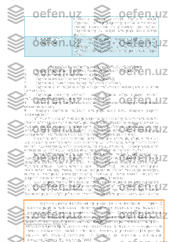 aloqadorliq   ularning   bir-biriga   bog‘liqlik   darajasi
o‘rganiladi.   Ta’limiy   jarayonning   alohida   komponentlari
orasidagi   aloqadorlikka   oid   gipotezalar   ilgari   suriladi.
Diagnostikaning   bu   darajasi   amaliyotga   tadbiq   etishga
yaqindir. 
3- Daraja: Tizimli
diagnostika Mazkur   diagnostika   yaxlit   pedagogik   jarayonni   baholash
imkonini   beradi.   Diagnostikaning   mazkur   darajasi   qisman
tugallangan   bo‘lib,   unda   alohida   komponentlar   va
tuzilmalar   orasidagi   aloqadorlikning   yaxlit   surati   paydo
bo‘ladi. 
Pedagogik diagnostikaning bosqichlari (I.Yu.Gutnig bo‘yicha):
1. Pedagogik diagnostikaning predmeti, maqsadi va vazifalarini belgilab olish;
2. Kutilayotgsn pedagogik diagnozlashni rejalashtirish;
3. Diagnostika vositalarini tanlash (mezon, daraja,metodlar);
4. Diagnostika qilinuvchi obekt haqidagi ma’lumotlarni to‘plash;
5. Diagnostika   qilish   natijasida   qo‘lga   kiritilgan   ma’lumotlarni   saralash,   analiz     qilish   va
tizimlashtirish;
6. Diagnostika   obektining   qismlarini     analiz   natijasida   qo‘lga   kiritilgan   ishonchli
ma’lumotlar asosida sinte qilib, yangi birliklarga biriktirish;
7. Obektning   keying   rivojlanish   istiqbollarini   prognozlash.   Pedagogik   diagnostikani
asoslash va baholash;
8. Pedagogik   diagnostika   natijalarini   amaliyotga   tadbiq   etish,   pedagogik   jarayonni
kotteksiayalash.  1
Ta’lim tizimi oldida ta’lim va tarbiya jarayonida har bir bolaning har tomonlama barkamol
o‘sishini ta’minlashdek muhim va mas’uliyatli vazifa turadi. Maktabning pedagoglar jamoasi bu
murakkab   vazifani   bajara   borib   ba’zan   ayrim   bolalarning   o‘qishida   qiyinchiliklari   borligini
ko‘radi,   bu   qiyinchiliklar   bolalarning   kamol   topib   borishdagi   kamchiliklari   oqibatida   tug‘iladi,
bunday kamchiliklar maktabda shu bolalarning o‘zlashtirmasliklariga olib keladi.
Bolalarning   kamol   topib   borishidagi   kamchiliklar   yoki   anomaliya,   g‘oyat   xilma-xildir.
Ular   bolalarning   psixofizik   kamol   topib   borishining   turli   tomonlarida   namoyon   bo‘lib   borishi:
eshitish  – nutq  sistemasida, ko‘rib idrok etishda, intellektual, emotsional – irodaviy harakatlanish
sohasiga taalluqli bo‘lish, turli darajada va turli sabablar  tufayli kelib  chiqishi  mumkin.
Korreksion   pedagogikaning   predmeti,   vazifalari   va   mohiyati.   Rivojlanishida   turli
nuqson (kamchilik)lar bo‘lgan o‘quvchilarni Korreksion o‘qitish va tarbiyalash bilan Korreksion
pedagogika   (defektologiya)   shug‘ullanadi.   Korreksion   (maxsus)   pedagogika   (defektologiya-
Yunoncha   defectus   –   nuqson,   kamchiliq   logos   –   fan,   ta’limot)   –   rivojlanishda   jismoniy   yoki
psixik   kamchilikka   ega,   maxsus,   individual   tarbiyalash   va   o‘qitish   metodlariga   asoslangan,
salomatlik   imkoniyatlari   cheklangan   bolaning   individualligi   hamda   shaxsini   rivojlantirish
jarayonini boshqarish mohiyati, qonuniyatlarinio‘rganuvchi fan sanaladi.
Butun   dunyoga   mashhur   Wikipedia.org   internet   ensiklopediyasida   esa   unga   quyidagicha
ta’rif   beriladi:   “Maxsus   ta’lim   (maxsus   yordamga   muhtojlar   ta’limi,   ko‘makchi   ta’lim   nomlari
bilan   ham     ma’lum)   -bu   maxsus   metodlar   orqali   maxsus   ta’limga   muhtoj   insonlarga   induvidal
farq   va   ehtiyojlarini   to‘g‘ri   yo‘naltirish   imkonini   beruvchi   amaliyotidir.   Ushbu   tadbir   alohida
1
 Шаршакова Л.Б. Педагогическая диагностика образовательного процесса. Методическое пособие для 
педагогов дополнительного образования — СПб.: ГБОУ ДОД Дворец детского (юношеского) творчества «У 
Вознесенского моста», 2013 C . 6-16Педагогик   луғатда   «коррекция»   тушунчаси   (юнонча   « korrectio »   —   тузатиш)
педагогик   услуб   ва   тадбирлардан   иборат   махсус   тизим   ёрдамида   аномал   болаларнинг
психик   ва  жисмоний   ривожланиш   камчиликларини   тузатиш   (қисман   ёки   тўлиқ)   сифатида
тушунилиши   таъкидлаб   ўтилади.Ана   шу   луғатда   « коррекцион   педагогика »нинг
жисмоний   ёки   психик   камчиликка   эга,   махсус,   индивидуал   тарбиялаш   ва   ўқитиш
методларига муҳтож бўлган, соғлиғи имкониятлари чекланган боланинг индивидуаллиги ва
шахсини   ривожлантириш   жараёнини   бошқариш   моҳияти,   қонуниятларини   ўрганувчи   фан
эканлиги   қайд   этилади.(Новоторцева   Н.В.   Коррекцонная   педагогика   и   специальная
психология. Словарь.-М.:Педагогика, 1999.) 