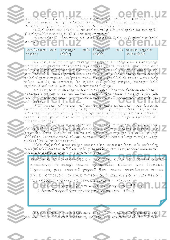 ega  bolalar  mavjudligi,  buning   sababi  markaziy   nerv  tizimi   shikastlanishining  asorati,  minimal
miya diafunksiyalari ekaniligini ko‘rsatadi. Psixik rivojlanishi ortda qolgan bolalar predmetlarni
o‘zlashtira olmaydigan o‘quvchilarning taxminan 50 foizini tashkil etadi.
PROQni   bolalar   rivojlanishini   ko‘rsatuvchi   anomaliya   sifatida   o‘rganish   XX   asrning   50-
yillarning oxirida boshlanib, 60-70-yillarda keng ommalashdi.
Tadqiqotchilar   (G.B.Shoumarov,   K.S.Lebedinskaya)   PROQning   quyidagi   to‘rt   variantini
keltiradilar:
konstitusional   kelib
chiqish; somatogen   kelib
chiqish; psixogen   kelib
chiqish; serebral–organik
kelib chiqish.
Psixik rivojlanishi ortda qolgan maktabga borayotgan bolalar o‘ziga xos xususiyatlarga ega
bo‘ladilar.   Ular   maktabda   o‘qishga   to‘la   tayyor   emaslar,   ularda   maktabda   o‘qish   uchun   zarur
bo‘lgan   ko‘nikma   va   malakalar   shakllanmagan,   dastur   talablarini   o‘zlashtirish   uchun   layoqati
yetarli   emas.   Ular   maxsus   yordamsiz   hisoblash,   o‘qish   va   yozishni,   shuningdeq   maktabdagi
tartibni  o‘rgana olmaydilar.  Faoliyatlarni  tashkil etishda  qiyinchilikni  his  etadilar.  Ularda ruhiy
toliqish   kuzatilib,   tez   charchash,   ish   bajarish   qobiliyatining   pasayishi,   boshlagan   ishini
bajarmaslik kabi holatlar kuzatiladi. Ko‘pincha boshlari og‘riydi.
Psixik rivojlanishi ortda qolgan bolalarning xulqi ham o‘ziga xos. Maktabda ular o‘zlarini
maktabgacha  yoshdagi  bolalar   kabi  tutishadi.  Ularda  o‘qishga  nisbatan   qiziqish  yo‘q yoki  juda
past bo‘liB, maktabga nisbatan ijobiy munosabat kuzatilmaydi. O‘yin ular uchun asosiy faoliyat
bo‘lib qoladi.
PROQli bolalarni ko‘pincha aqli zaif deb hisoblab xato qiladilar. Ularni o‘zaro farqlashda
ayrim omillar qo‘l keladi. Chunonchi, PROQ bolalarda oddiy bilimlarni o‘zlashtirish, hisoblash
ko‘nikmalarini   egallab   olishda   qiyinchilik   ko‘zga   tashlanishi   bilan   birga   she’r   yoki   ertaklarni
eslab qolish qobiliyati va idrok etish faolligi ancha Yuqori bo‘ladi. Bunday xususiyatlar aqli zaif
bolalarda kuzatilmaydi. 
Ko‘pchilik hollarda PROQ (ZPR) o‘quvchilar ommaviy umumiy o‘rta ta’lim maktablarida
o‘qitiladilar. Ular bilan individual Korreksion ishlar olib borilmaydi, shu bois ular amalda o‘quv
jarayonidan   chetda   qoladilar   va   predmetlarni   o‘zlashtira   olmaydigan   o‘quvchilar   qatoriga
kiritiladilar. Ular maxsus tashkil etiluvchi Korreksion-rivojlantiruvchi ta’limga muhtojlar. Ularga
alohida e’tibor ko‘rsatish talab etiladi. 
Psixik   rivojlanishi   ortda   qolgan   bolalar   bilan   korreksion   ishlar   olib   borishning
xususiyatlari.   O‘zbekistonda XX asrning 60-yillarida ilk bor psixik rivojlanishdan ortda qolgan
bolalar bilan maxsus pedagogik ishlar amalga oshirilgan. 
Bolalarni   korreksion   muassasalarga   qabul   qilish   PTPKning   xulosasi   bo‘yicha   ota-onalari
yoki   ularning   o‘rnini   bosuvchi   shaxslarning   roziligiga   ko‘ra   amalga   oshiriladi.   Sinf   12   nafar Ҳозирги   кунда   психик   ривожланишдан   ортда   қолган   болалар   учун   мактаб
интернатлар   ва   махсус   таълим   муассасалари   фаолият   олиб   бормоқда.
Шунингдек,   улар   оммавий   умумий   ўрта   таълим   мактабларида   ташкил
этилган коррекцсион-ривожлантирувчи синфларда ҳам ўқитишлари мумкин. 
Таълим жараёни қуйидаги босқичларда амалга оширилади:
       1. Бошланғич умумий ўрта таълим (таълим муддати – 4-5 йил).
       2. Асосий умумий ўрта таълим (таълим муддати - 5 йил). 