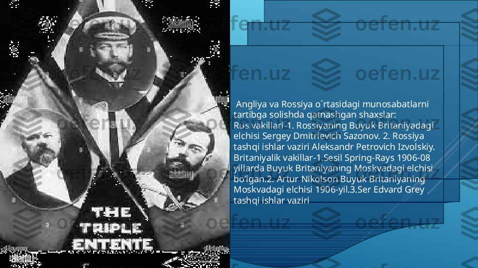   Angliya va Rossiya o`rtasidagi munosabatlarni 
tartibga solishda qatnashgan shaxslar:
Rus vakillari-1. Rossiyaning Buyuk Britaniyadagi 
elchisi Sergey Dmitrievich Sazonov. 2. Rossiya 
tashqi ishlar vaziri Aleksandr Petrovich Izvolskiy.
Britaniyalik vakillar-1.Sesil Spring-Rays 1906-08 
yillarda Buyuk Britaniyaning Moskvadagi elchisi 
bo‘lgan.2. Artur Nikolson Buyuk Britaniyaning 
Moskvadagi elchisi 1906-yil.3.Ser Edvard Grey 
tashqi ishlar vaziri 