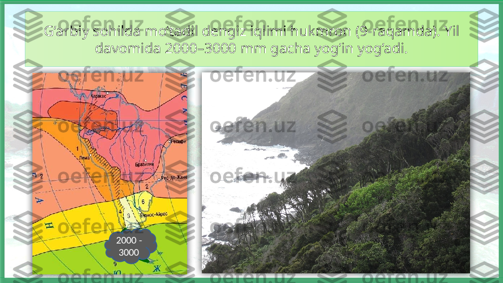 G‘arbiy sohilda mo‘tadil dengiz iqlimi hukmron (9-raqamda). Yil 
davomida 2000–3000 mm gacha yog‘in yog‘adi.
2000 - 
3000    