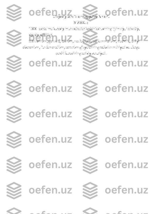 G’oyaviy tahdidlarning yo’nalishlari.
MAVZU:
1.XXI   asrda   mafkuraviy   munosabatlar   keskinlashuvining   ijtimoiy,   iqtisodiy,
siyosiy sabablari.
      2.Shovinizm, genosid, fashizm, neofashizm, neokommunizm, irqchilik, diniy
ekstremizm, fundamentalizm, terrorizm g’oyalarining reaksion mohiyati va ularga
qarshi kurashning tarixiy zaruriyati.  