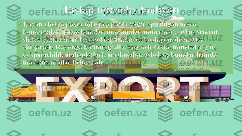 Tashqi iqtisodiy faoliyati
•
Rayon chetga paxta tolasi va paxta yog‘i, quritilgan meva, 
konservalar, ip-gazlamalar, mashinalar, mineral o‘g‘itlar, sement, 
shifer, chinni hamda sopol buyumlar va boshqa mahsulotlar 
chiqaradi. Rayonga ko‘mir, g‘alla, yog‘och-taxta, mineral o‘g‘it, 
to‘qimachilik mahsulotlari, mashinalar, asbob-uskunalar hamda 
madaniy mollar keltiriladi.  