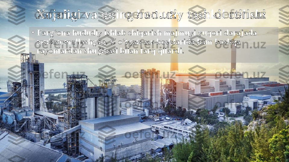 Xojaligi va uning hududiy tashkil etilishi
•
Farg‘ona hududiy ishlab chiqarish majmuyi yuqori darajada 
mukammallashgan. U o‘tgan asr boshlarida ham boshqa 
rayonlardan shu jihati bilan farq qilardi.   