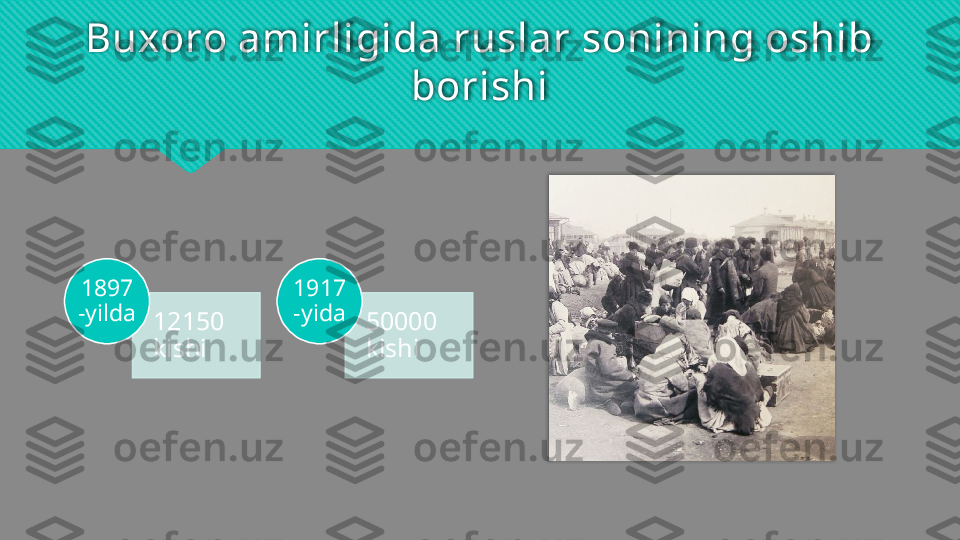 Buxoro amirligida ruslar sonining oshib 
borishi
12150 
kishi1897
-yilda
50000 
kishi1917
-yida       