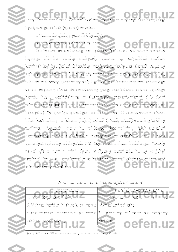 ehtiyojlarini qondiradi. Optimal iste’mol byudjetini quyidagi ikki darajadagi
byudjetlarga bo’lish (ajratish) mumkin:
– o’rtacha darajadagi yetarlilik byudjeti;
– yuqori darajadagi yetarlilik byudjeti.
Iste’molga   xarajatlarning   har   qanday   ko’rinishi   va   uning   umumiy
hajmiga   oid   har   qanday   moliyaviy   qarorlar   uy   xo’jaliklari   ma’lum
ko’rinishdagi byudjetlari doirasidagi ratsional tanlashga asoslanadi. Agar uy
xo’jaligining daromadi faqat hayotiy minimumni qoplashga yetadigan bo’lsa,
u holda moliyaviy qarorlar uy xo’jaligi iste’mol fondini minimallashtirishga
va   bir   vaqtning   o’zida   daromadlarning   yangi   manbalarini   qidirib   topishga
hamda   hayot   kechirishning   moslashtirilgan   mexanizmlarini   (o’z-o’zini
ta’minlash, ikkilamchi bandlik, qarindoshlar va davlatning yordami, savdo va
boshqalar)   “yoqish”ga   qaratilgan   bo’lishi   kerak.   Daromadlarning   o’sishi
bilan iste’molning  o’lchami (hajmi) oshadi (o’sadi, ortadi) va uning tarkibiy
tuzilmasi   o’zgaradi.   Biroq,   bu   holda   ham   iste’molning   o’sish   sur’atlari
daromadning   o’sish   sur’atlaridan   pastligicha   qolaverishi   lozim.   Bunday
qonuniyat   iqtisodiy   adabiyotda   J.M.Keyns 2
  tomonidan   ifodalangan   “asosiy
psixologik   qonun”   nomini   olgan.   Moliyaviy   qarorlarda   bu   uy   xo’jaligi
iste’mol   fondi   va   jamg’armalar   yo’nalishini   optimallashtirish   tendensiyasi
sifatida namoyon bo’ladi. 
Aholi pul daromadlari va xarajatlari balansi
Daromadlar Xarajatlar va jamg ’ arm a
1. Mehnatga haq to’lash ;
2.Mehnat haqidan boshqa korxona   va
tashkilotlardan   olinadigan   yollanma
ish   haqi   daromadlari ; 1.   Tovarlarni   sotib   olish   va
xizmatlarni to’lash ;
2.   Majburiy   to’lovlar   va   ixtiyoriy
badallar:
2
Qarang : Кейнс Дж.М. Об щая теория занятости, процента и денег. – М., 1999. с.96. 