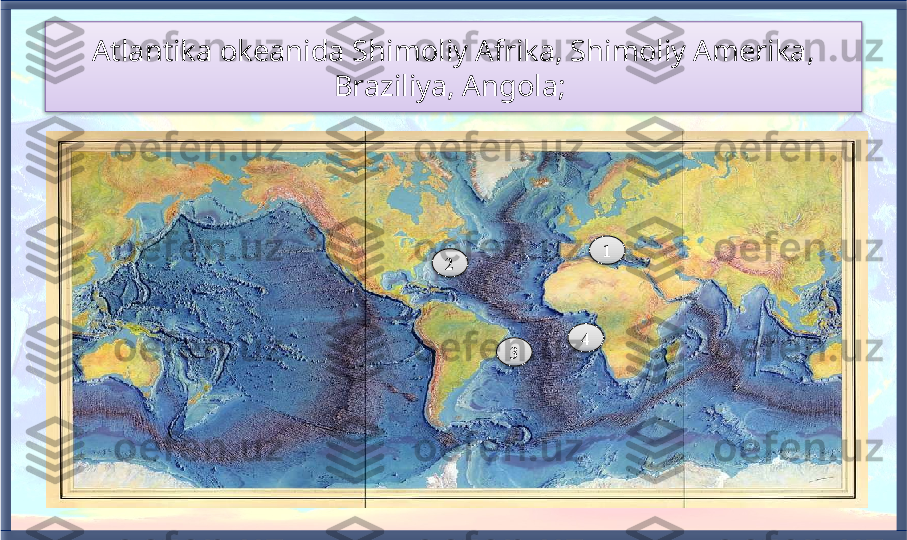 Atlantika okeanida Shimoliy Afrika, Shimoliy Amerika, 
Braziliya, Angola; 
1
2
3 4       