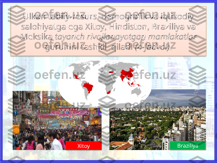 Ulkan tabiiy-resurs, demografik va iqtisodiy 
salohiyatga ega Xitoy, Hindiston, Braziliya va 
Meksika  tayanch rivojlanayotgan mamlakatlar 
guruhini tashkil  qiladi  (4-jadval) .
Xitoy Braziliya     