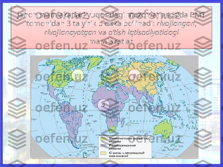 Jahon mamlakatlari yuqoridagi mezonlar asosida BMT 
tomonidan 3 ta yirik blokka bo‘linadi:  rivojlangan , 
rivojlanayotgan  va  o‘tish iqtisodiyotidagi
mamlakatlar.
1 3
2      