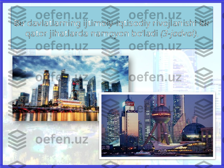 Bu davlatlarning ijtimoiy-iqtisodiy rivojlanishi bir 
qator jihatlarda namoyon bo‘ladi  (3-jadval) .     