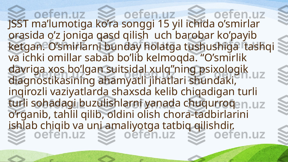 JSST ma’lumotiga ko’ra songgi 15 yil ichida o’smirlar 
orasida o’z joniga qasd qilish  uch barobar ko’payib 
ketgan. O’smirlarni bunday holatga tushushiga  tashqi 
va ichki omillar sabab bo’lib kelmoqda. “O’smirlik 
davriga xos bo’lgan suitsidal xulq”ning psixologik 
diagnostikasining ahamyatli jihatlari shundaki, 
inqirozli vaziyatlarda shaxsda kelib chiqadigan turli 
turli sohadagi buzulishlarni yanada chuqurroq 
o’rganib, tahlil qilib, oldini olish chora-tadbirlarini 
ishlab chiqib va uni amaliyotga tatbiq qilishdir.   