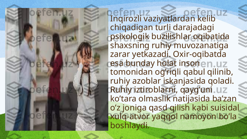 I nqirozli vaziyatlarda n  kelib 
chiqadigan turli darajadagi 
psixologik buzilishlar oqibatida 
shaxsning ruhiy muvozanatiga 
zarar yet kaz adi .  Oxir-oqibatda 
esa bunday holat inson 
tomonidan og’riqli qabul qilinib, 
ruhiy azoblar iskanjasida qoladi. 
Ruhiy iztiroblarni, qayg’uni 
ko’tara olmaslik natijasida ba’zan 
o’z joniga qasd qilish kabi suisidal 
xulq-atvor yaqqol namoyon bo’la 
boshlaydi.   