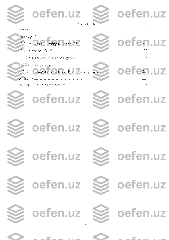 Mundarija
Kirish…………………………………………………………………………….3
I.Asosiy qism
   1.1.Graflar va ularning tasvirlanishi…………………………………………..4
   1.2.Daraxt va ularni turlari………………………………………………….…11
   1.3.Haqiqiy ikkilik qidruv algoritimi……………………………………...…..15
II. Dasturlashga oid
  2.1.C++ dasturlash tilida ikkilik qidiruv algoritmi……………………………28
III.Xulosa………………………………………………………………………...34
IV.Foydalanilgan adabiyotlar……………………………………..………….…35
2 
