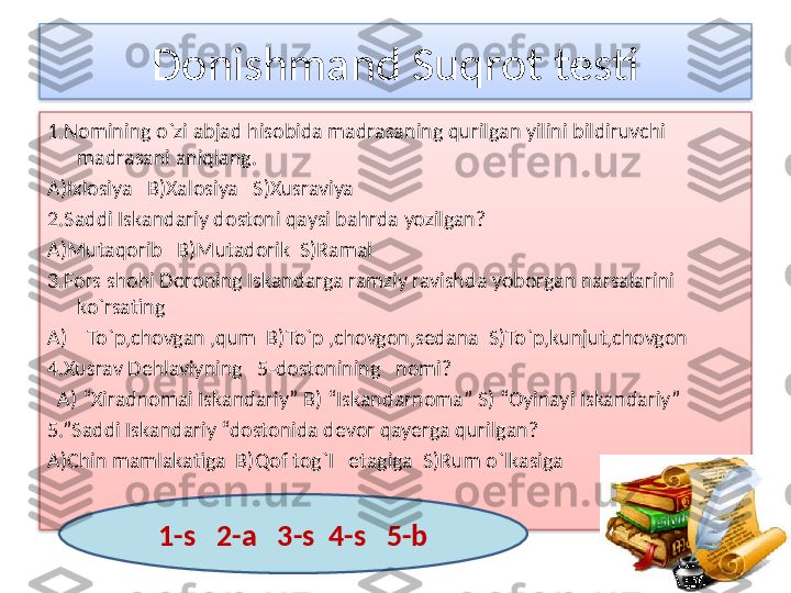 Donishmand Suqrot testi
1.Nomining o`zi abjad hisobida madrasaning qurilgan yilini bildiruvchi 
madrasani aniqlang.
A)Ixlosiya   B)Xalosiya   S)Xusraviya
2.Saddi Iskandariy dostoni qaysi bahrda yozilgan?
A)Mutaqorib   B)Mutadorik  S)Ramal
3.Fors shohi Doroning Iskandarga ramziy ravishda yoborgan narsalarini 
ko`rsating
A) To`p,chovgan ,qum  B)To`p ,chovgon,sedana  S)To`p,kunjut,chovgon
4.Xusrav Dehlaviyning   5-dostonining   nomi?
   A) “Xiradnomai Iskandariy” B) “Iskandarnoma” S) “Oyinayi Iskandariy”
5.”Saddi Iskandariy “dostonida devor qayerga qurilgan?
A)Chin mamlakatiga  B)Qof tog`I   etagiga  S)Rum o`lkasiga
1-s   2-a   3-s  4-s   5-b   