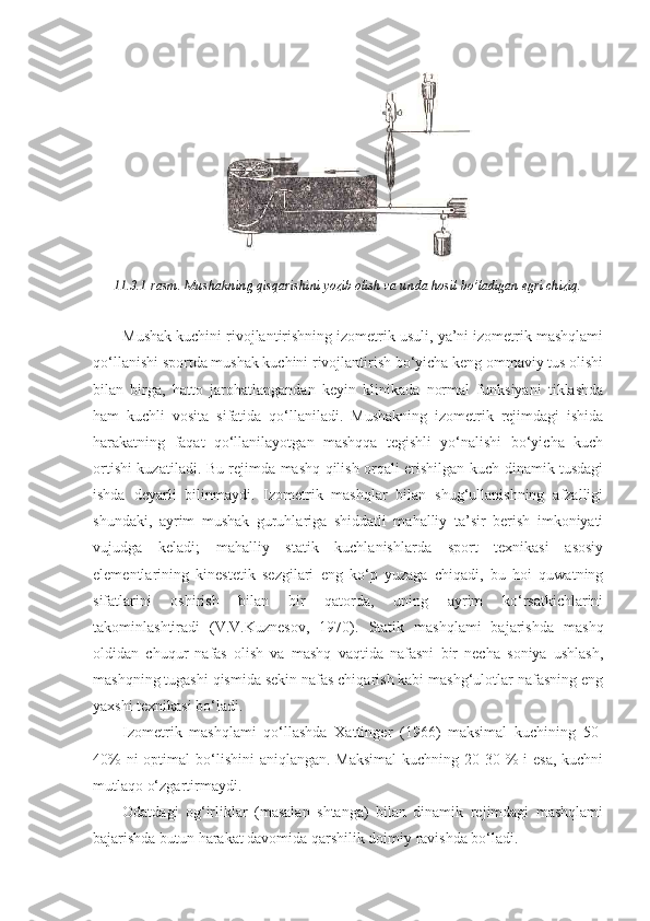 11.3.1-rasm. Mushakning qisqarishini yozib olish va unda hosil bo’ladigan egri chiziq.
Mushak kuchini rivojlantirishning izometrik usuli, ya’ni izometrik mashqlami
qo‘llanishi sportda mushak kuchini rivojlantirish bo‘yicha keng ommaviy tus olishi
bilan   birga,   hatto   jarohatlangandan   keyin   klinikada   normal   funksiyani   tiklashda
ham   kuchli   vosita   sifatida   qo‘llaniladi.   Mushakning   izometrik   rejimdagi   ishida
harakatning   faqat   qo‘llanilayotgan   mashqqa   tegishli   yo‘nalishi   bo‘yicha   kuch
ortishi kuzatiladi. Bu rejimda mashq qilish orqali erishilgan kuch dinamik tusdagi
ishda   deyarli   bilinmaydi.   Izometrik   mashqlar   bilan   shug‘ullanishning   afzalligi
shundaki,   ayrim   mushak   guruhlariga   shiddatli   mahalliy   ta’sir   berish   imkoniyati
vujudga   keladi;   mahalliy   statik   kuchlanishlarda   sport   texnikasi   asosiy
elementlarining   kinestetik   sezgilari   eng   ko‘p   yuzaga   chiqadi,   bu   hoi   quwatning
sifatlarini   oshirish   bilan   bir   qatorda,   uning   ayrim   ko‘rsatkichlarini
takominlashtiradi   (V.V.Kuznesov,   1970).   Statik   mashqlami   bajarishda   mashq
oldidan   chuqur   nafas   olish   va   mashq   vaqtida   nafasni   bir   necha   soniya   ushlash,
mashqning tugashi qismida sekin nafas chiqarish kabi mashg‘ulotlar nafasning eng
yaxshi texnikasi bo‘ladi.
Izometrik   mashqlami   qo‘llashda   Xattinger   (1966)   maksimal   kuchining   50-
40%  ni  optimal  bo‘lishini  aniqlangan. Maksimal  kuchning 20-30 %  i esa,  kuchni
mutlaqo o‘zgartirmaydi.
Odatdagi   og‘irliklar   (masalan   shtanga)   bilan   dinamik   rejimdagi   mashqlami
bajarishda butun harakat davomida qarshilik doimiy ravishda bo‘ladi. 