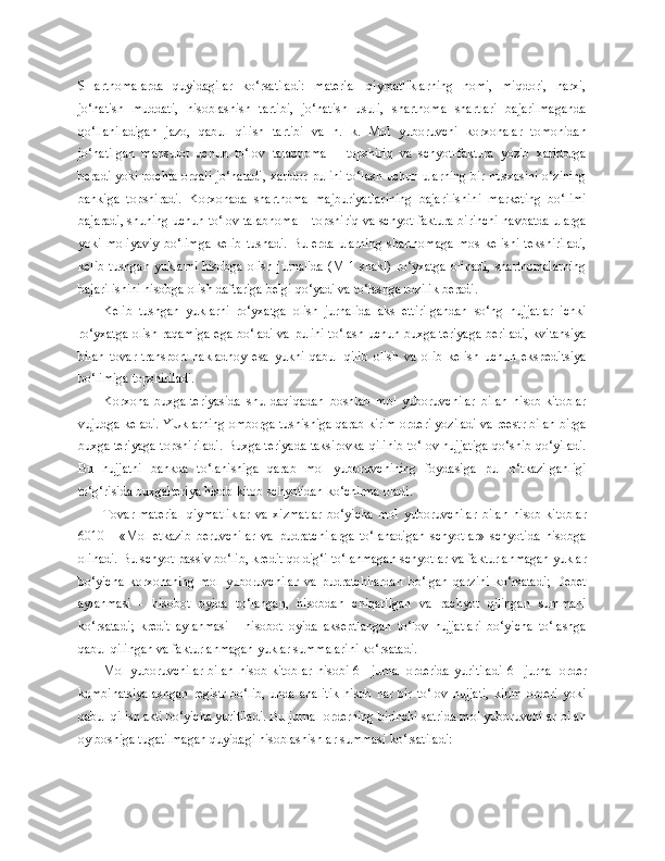 SHartnomalarda   quyidagilar   ko‘rsatiladi:   material   qiymatliklarning   nomi,   miqdori,   narxi,
jo‘natish   muddati,   hisoblashish   tartibi,   jo‘natish   usuli,   shartnoma   shartlari   bajarilmaganda
qo‘llaniladigan   jazo,   qabul   qilish   tartibi   va   h.   k.   Mol   yuboruvchi   korxonalar   tomonidan
jo‘natilgan   mahsulot   uchun   to‘lov   talabnoma   –   topshiriq   va   schyot-faktura   yozib   xaridorga
beradi yoki pochta orqali jo‘natadi, xaridor pulini to‘lash uchun ularning bir nusxasini o‘zining
bankiga   topshiradi.   Korxonada   shartnoma   majburiyatlarining   bajarilishini   marketing   bo‘limi
bajaradi, shuning uchun to‘lov talabnoma – topshiriq va schyot-faktura birinchi navbatda ularga
yoki   moliyaviy   bo‘limga   kelib   tushadi.   Bu  erda   ularning   shartnomaga   mos   kelishi   tekshiriladi,
kelib   tushgan  yuklarni   hisobga  olish  jurnalida   (M-1  shakl)   ro‘yxatga   olinadi,   shartnomalarning
bajarilishini hisobga olish daftariga belgi qo‘yadi va to‘lashga rozilik beradi.
Kelib   tushgan   yuklarni   ro‘yxatga   olish   jurnalida   aks   ettirilgandan   so‘ng   hujjatlar   ichki
ro‘yxatga olish raqamiga ega bo‘ladi va pulini to‘lash uchun buxgalteriyaga beriladi, kvitansiya
bilan   tovar-transport   nakladnoy   esa   yukni   qabul   qilib   olish   va   olib   kelish   uchun   ekspeditsiya
bo‘limiga topshiriladi.
Korxona   buxgalteriyasida   shu   daqiqadan   boshlab   mol   yuboruvchilar   bilan   hisob-kitoblar
vujudga keladi. YUklarning omborga tushishiga qarab kirim orderi yoziladi va reestr bilan birga
buxgalteriyaga topshiriladi. Buxgalteriyada taksirovka qilinib to‘lov hujjatiga qo‘shib qo‘yiladi.
Bu   hujjatni   bankda   to‘lanishiga   qarab   mol   yuboruvchining   foydasiga   pul   o‘tkazilganligi
to‘g‘risida buxgalteriya hisob-kitob schyotidan ko‘chirma oladi.
Tovar-material   qiymatliklar   va   xizmatlar   bo‘yicha   mol   yuboruvchilar   bilan   hisob-kitoblar
6010   -   «Mol   etkazib   beruvchilar   va   pudratchilarga   to‘lanadigan   schyotlar»   schyotida   hisobga
olinadi. Bu schyot passiv bo‘lib, kredit qoldig‘i to‘lanmagan schyotlar va fakturlanmagan yuklar
bo‘yicha   korxonaning   mol   yuboruvchilar   va   pudratchilardan   bo‘lgan   qarzini   ko‘rsatadi;   Debet
aylanmasi   -   hisobot   oyida   to‘langan,   hisobdan   chiqarilgan   va   rachyot   qilingan   summani
ko‘rsatadi;   kredit   aylanmasi   -   hisobot   oyida   akseptlangan   to‘lov   hujjatlari   bo‘yicha   to‘lashga
qabul qilingan va fakturlanmagan yuklar summalarini ko‘rsatadi.
Mol   yuboruvchilar   bilan   hisob-kitoblar   hisobi   6   -   jurnal-orderida   yuritiladi   6   -   jurnal-order
kombinatsiyalashgan   registr  bo‘lib,  unda  analitik  hisob  har  bir   to‘lov  hujjati,   kirim   orderi   yoki
qabul qilish akti bo‘yicha yuritiladi. Bu jurnal-orderning birinchi satrida mol yuboruvchilar bilan
oy boshiga tugatilmagan quyidagi hisoblashishlar summasi ko‘rsatiladi: 