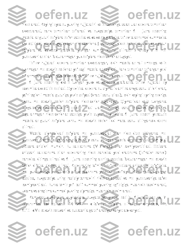 hisoblanadi. Keyingi oyda bu yukning hujjatlarini kelib tushishiga qarab ular korxona tomonidan
akseptlanadi,   bank   tomonidan   to‘lanadi   va   buxgalteriya   tomonidan   6   –   jurnal-orderning
materiallar guruhi bo‘yicha bo‘sh qatorida va «aksept» grafasida to‘lov talabnomasi summasida
aks   ettiriladi,   saldo   (tugatilmagan   hisoblashishlar)   qatoridagi   hisob   bahosida   oldin   shu   guruh
bo‘yicha   va   «aksept»   grafasida   yozilgan   summa   storno   qilinadi.   SHunday   qilib   mol
yuboruvchilar bilan fakturlanmagan yuk bo‘yicha hisoblashishlar tugaydi.
To‘lov   hujjatlari   korxona   tomonidan   akseptlangan,   lekin   materiallar   hali   omborga   kelib
tushmagan   mol   etkazib   berishlar   yo‘ldagi   materiallar   deyiladi.   Bank   tomonidan   to‘langan   yoki
to‘lanmaganidan qat’i nazar akseptlangan to‘lov hujjatlari hisobga olinadi.
6   -   jurnal-orderning   «kelib   tushgan   yuk»   va   «aksept»   grafalarida   to‘lov   hujjatlari   oy
davomida aks ettirib boriladi. Oy oxirida korxona bu qiymatliklarni balansga qabul qilishi shart,
ya’ni tegishli material guruhiga yozib qo‘yadi (shartli qabul qiladi), lekin keyingi oyning boshiga
ushbu   mol   etkazib   berish   bo‘yicha   hisoblashish   tugamaydi.   Qiymatliklar   kelib   tushganda
buxgalteriya   ombordan   kirim   orderini   oladi   ularni   omborga   qabul   qiladi   va   oy   boshiga
tugallanmagan   hisoblashishlar   qatoriga   yozib   quyadi.   Oy   oxirida   6   -   jurnal-orderni   yopaturib
materiallar   guruhi   bo‘yicha   ushbu   mol   etkazib   berish   ikki   marta   qabul   qilingandek   storno
qilinadi.
Material   qiymatliklari   bo‘yicha   mol   yuboruvchilar   bilan   hisob-kitob   qilinganda   mol
yuboruvchining   hujjatiga   qaraganda   haqiqiy   qabul   qilingan   materiallarning   miqdori   kam   yoki
ortiqcha   chiqishi   mumkin.   Bu   dalolatnoma   (M-7   shakl)   bilan   rasmiylashtiriladi.   Ortiqcha
chiqqani   dalolatnoma   bilan   korxonaning   hisob   bahosida   yoki   shartnoma   (jo‘natish   bahosi)
bahosida   kirimga   olinadi   va   6   –   jurnal-orderning   alohida   qatorida   fakturlanmagan   mol   etkazib
berish   sifatida   hisobga   olinadi.   Korxonaning   ta’minot   bo‘limi   ortiqcha   chiqqanligi   to‘g‘risida
mol   yuboruvchiga   xabar   berib   to‘lov   talabnoma   yuborishini   so‘raydi.   Kamomad   aniqlangan
taqdirda,   buxgalteriya   uning   haqiqiy   tannarxini   hisoblab   chiqadi   va   mol   yuboruvchiga   da’vo
rasmiylashtiradi.   Bunda   temir   yo‘l   tarifi   summasi   yukning   og‘irligiga   mutanosib   taqsimlanadi,
ustama va chegirma summasi yukning qiymatiga mutanosib taqsimlanadi.
Kamomad   summasiga   quyidagicha   buxgalteriya   yozuvi   berilib,   6-jurnal-order   va   7-
qaydnomada   aks   ettiriladi:   D-t   4860   –   «Da’volar   bo‘yicha   olinadigan   schyotlar»,   K-t
6010   -   «Mol etkazib beruvchi va pudratchilarga to‘lanadigan schyotlar» schyoti. 