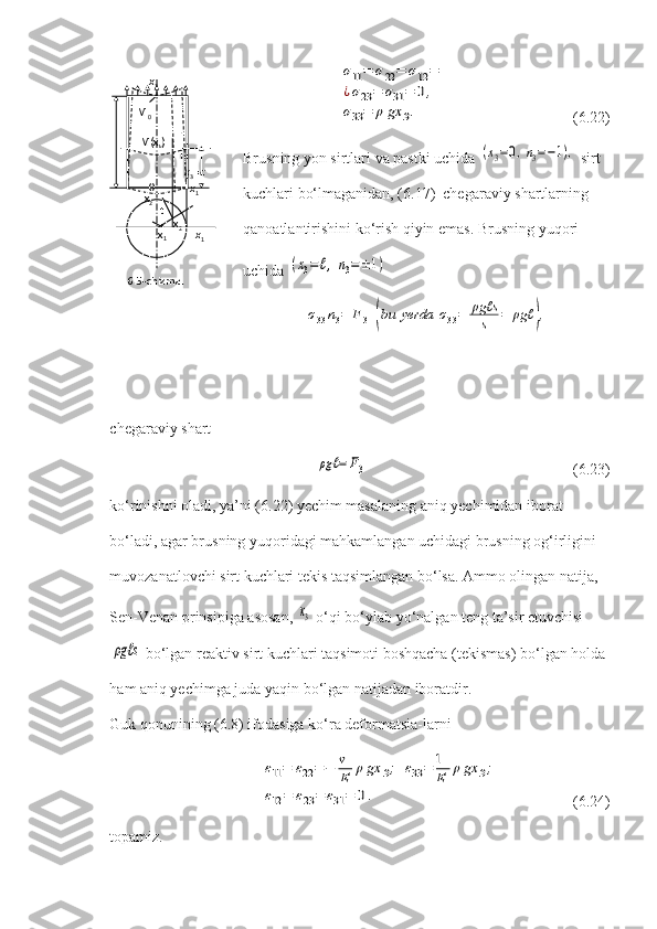 σ11=	σ22=	σ12=	
¿σ23=	σ31=	0,	
σ33=	ρgx	3.   (6.22)
Brusning yon sirtlari va pastki uchida 	
(x3=0,n3=−1),  sirt 
kuchlari bo‘lmaganidan, (6.17)  chegaraviy shartlarning 
qanoatlantirishini ko‘rish qiyin emas.  Brusning yuqori 
uchida 	
(x3=ℓ,	n3=±1)	
σ33n3=	F3	(bu	yerda	σ33=	ρgℓs
s	=	ρgℓ	),
chegaraviy shart	
ρgℓ	=	F3
(6.23)
ko‘rinishni oladi, ya’ni (6.22) yechim masalaning aniq yechimidan iborat 
bo‘ladi, agar brusning yuqoridagi mahkamlangan uchidagi brusning og‘irligini 
muvozanatlovchi sirt kuchlari tekis taqsimlangan bo‘lsa. Ammo olingan natija, 
Sen-Venan prinsipiga asosan, 	
x3  o‘qi bo‘ylab yo‘nalgan teng ta’sir etuvchisi	
ρgℓs
 bo‘lgan reaktiv sirt kuchlari taqsimoti boshqacha (tekismas) bo‘lgan holda 
ham aniq yechimga juda yaqin bo‘lgan natijadan iboratdir.
Guk qonunining (6.8) ifodasiga ko‘ra deformatsia-larni  	
ε11=	ε22=	−	v
E	ρgx	3;	ε33=	1
E	ρgx	3;	
ε12	=	ε23=	ε31=	0.
      (6.24)
topamiz. M
0
M(x
k )
  O
  x
2
x
1  t
x
2                     x
3
             
      
 
                                  x
3 = c
                                    x
1
                                      x
1   
             6.5-chizma. 