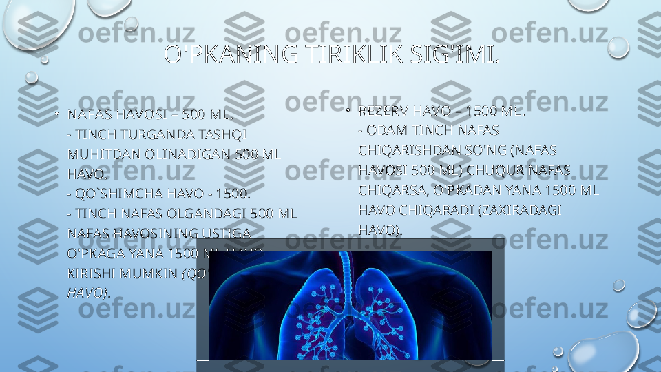 O'PKANING TIRIKLIK SIG'IMI.
•
N AFA S HAVOSI – 500 ML.
- TINCH TURGANDA TASHQI 
MUHITDAN OLINADIGAN 500 ML 
HAVO.
- QO`SHIMCHA HAVO - 1500.
- TINCH NAFAS OLGANDAGI 500 ML 
NAFAS HAVOSINING USTIGA 
O'PKAGA YANA 1500 ML HAVO 
KIRISHI MUMKIN  (QO'SHI MCHA  
HA VO) . •
REZERV HAVO – 1500 ML.
- ODAM TINCH NAFAS 
CHIQARISHDAN SO'NG (NAFAS 
HAVOSI 500 ML) CHUQUR NAFAS 
CHIQARSA, O'PKADAN YANA 1500 ML 
HAVO CHIQARADI (ZAXIRADAGI 
HAVO).  