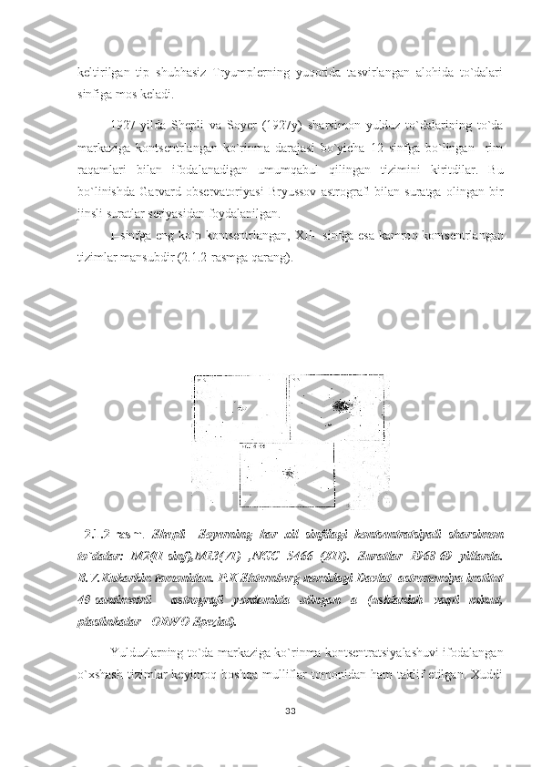 keltirilgan   tip   shubhasiz   Tryumplerning   yuqorida   tasvirlangan   alohida   to`dalari
sinfiga mos keladi.                                                         
1927   yilda   Shepli   va   Soyer   (1927y)   sharsimon   yulduz   to`dalarining   to`da
markaziga   kontsentrlangan   ko`rinma   darajasi   bo`yicha   12   sinfga   bo`lingan     rim
ra q amlari   bilan   ifodalanadigan   umum q abul   q ilingan   tizimini   kiritdilar.   Bu
bo`linishda   Garvard   observatoriyasi   Bryussov   astrografi   bilan   suratga   olingan   bir
jinsli suratlar seriyasidan foydalanilgan. 
I–sinfga eng ko`p kontsentrlangan, XII– sinfga esa kamro q   kontsentrlangan
tizimlar mansubdir (2.1.2-rasmga  q arang).
  2.1.2-rasm .   S h epli   –Soyerning   h ar   xil   sinfdagi   kontsentratsiyali   sharsimon
to`dalar:   M2(II-sinf),M13(VI)   , NGC   5466   (XII).   Suratlar   1968-69   yillarda.
B.V.Kukarkin tomonidan. P.K Shternberg nomidagi Davlat  astronomiya institut
40-santimetrli     astrografi   yordamida   olingan   a   (ushlanish   vaqti   minut,
plastinkalar - ORWO Spezial).
        Yulduzlarning to`da markaziga ko`rinma kontsentratsiyalashuvi ifodalangan
o`xshash   tizimlar   keyinroq  boshqa   mulliflar   tomonidan  ham   taklif   etilgan.  Xuddi
33 