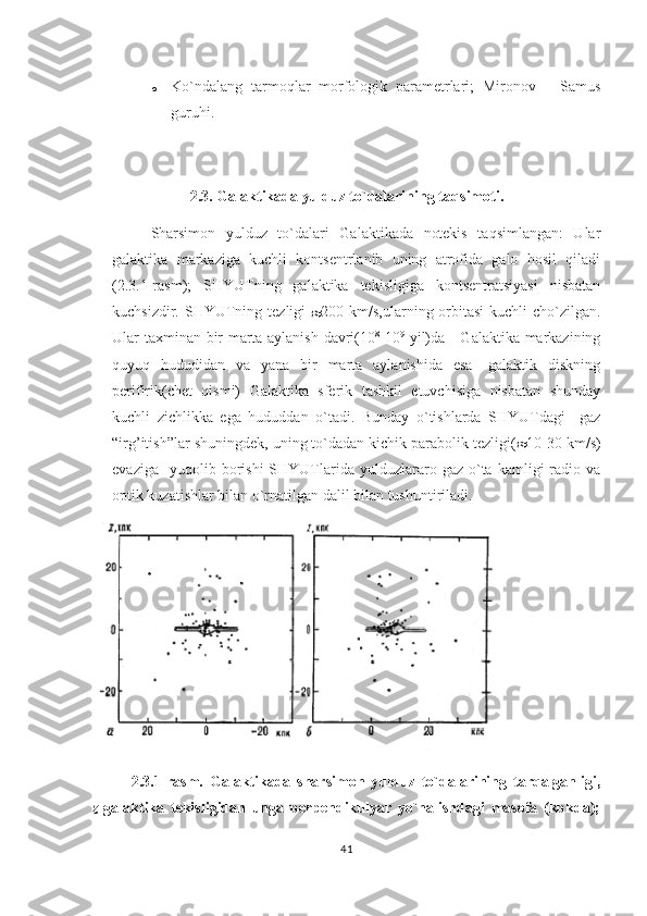 o Ko`ndalang   tarmo q lar   morfologik   parametrlari;   Mironov   –   Samus
guru h i.
2.3. Galaktikada yulduz to`dalarining ta q simoti.
Sharsimon   yulduz   to`dalari   Galaktikada   notekis   taqsimlangan:   Ular
galaktika   markaziga   kuchli   kontsentrlanib   uning   atrofida   galo   hosil   qiladi
(2.3.1-rasm);   SHYUTning   galaktika   tekisligiga   kontsentratsiyasi   nisbatan
kuchsizdir. SHYUTning tezligi   200 km/s,ularning orbitasi  kuchli  cho`zilgan.
Ular taxminan bir marta aylanish davri(10 8
-10 9
  yil)da     Galaktika markazining
quyuq   hududidan   va   yana   bir   marta   aylanishida   esa-   galaktik   diskning
perifirik(chet   qismi)   Galaktika   sferik   tashkil   etuvchisiga   nisbatan   shunday
kuchli   zichlikka   ega   hududdan   o`tadi.   Bunday   o`tishlarda   SHYUTdagi     gaz
“irg’itish”lar shuningdek, uning to`dadan kichik parabolik tezligi( 10-30 km/s)
evaziga    yuqolib  borishi  SHYUTlarida  yulduzlararo  gaz  o`ta  kamligi   radio  va
optik kuzatishlar bilan o`rnatilgan dalil bilan tushuntiriladi.   
2.3.1-rasm.   Galaktikada   sharsimon   yulduz   to`dalarining   tarqalganligi,
z -galaktika   tekisligidan   unga   perpendikulyar   yo`nalishdagi   masofa   (kpkda);
41 