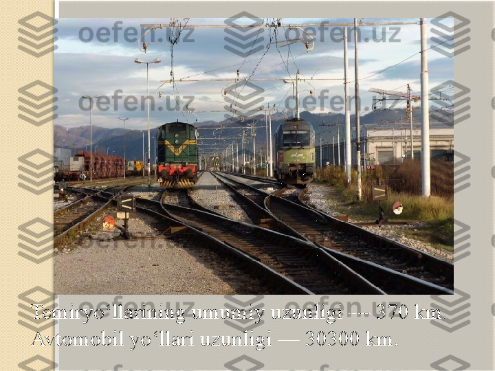 Temiryo‘llarining umumiy uzunligi — 370 km. 
Avtomobil yo‘llari uzunligi — 30300 km.   