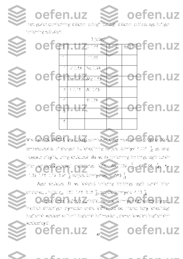 Inert   gazlar   atomlarining   elektron   qobog‘i   turidagi   elektron   qobiqqa   ega   bo‘lgan
ionlarning radiuslari:
2-jadval
-2 - O-1.46 S 1.90 Se 202
-1 - F-1.33
+1 Li-0.68 Na-0.98
+2 Be-0.30 Mg-0.65
+3 B-0.16 Al-0.45
+4 - Si-038
+5 - -
+6 - -
Misol sifatida    kristallidagi atomlar orasidagi masofani hisoblaymiz. Xona
temperaturasida   o‘lchangan   bu   kristallni ng   panjara   doimiysi   4 . 004     ga   teng.
Tassavur   qilaylik,   uning   strukturasi     va     ionlarining   bir-biriga   tegib   turishi
bilan   aniqlanadi;   jadval   natijalariga   ko‘ra   -1029   ,   -1.46   ,  
=1.29+1.46+0.19=2.94   panjara doimiysi esa  a=4.15 
Agar   struktura     va   kislarod   ionlaring   bir-biriga   tegib   turishi   bilan
aniqlansa, u holda  =060+1.46=2.06  , panjara doimiysi a=4.12 
Hisoblashlardan   ko‘rinib   turibdiki,   panjara   doimiysining   haqiqiy   qiymati
hisoblab   chiqarilgan   qiymatdan   ancha   kichik.   Bu   esa   Titanat   bariy   kristalidagi
bog‘lanish xarakteri sof ionli boglanish bo‘lmasdan , qisman kovalent bog‘lanishni
xarakterlaydi.
47 