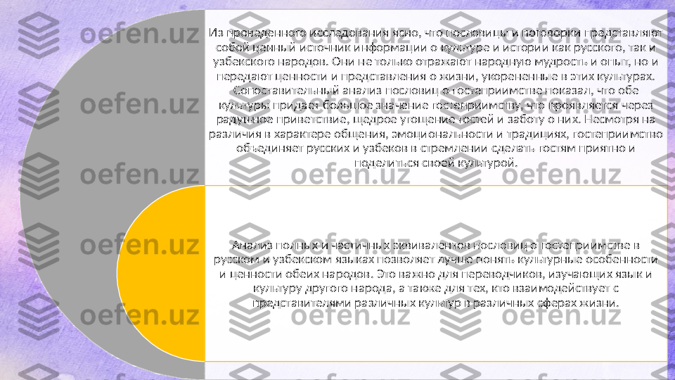 Из проведенного исследования ясно, что пословицы и поговорки представляют 
собой ценный источник информации о культуре и истории как русского, так и 
узбекского народов. Они не только отражают народную мудрость и опыт, но и 
передают ценности и представления о жизни, укорененные в этих культурах. 
Сопоставительный анализ пословиц о гостеприимстве показал, что обе 
культуры придает большое значение гостеприимству, что проявляется через 
радушное приветствие, щедрое угощение гостей и заботу о них. Несмотря на 
различия в характере общения, эмоциональности и традициях, гостеприимство 
объединяет русских и узбеков в стремлении сделать гостям приятно и 
поделиться своей культурой.
Анализ полных и частичных эквивалентов пословиц о гостеприимстве в 
русском и узбекском языках позволяет лучше понять культурные особенности 
и ценности обеих народов. Это важно для переводчиков, изучающих язык и 
культуру другого народа, а также для тех, кто взаимодействует с 
представителями различных культур в различных сферах жизни.   