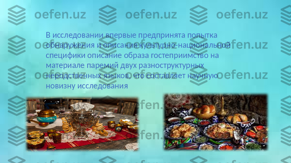 В исследовании впервые предпринята попытка 
обнаружения и описания культурно-национальной 
специфики описание образа гостеприимство на 
материале паремий двух разноструктурных 
неродственных языков, что составляет научную 
новизну исследования 