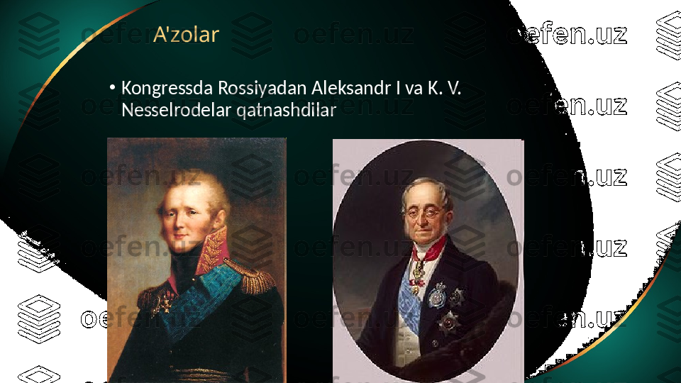 A'zolar
•
Kongressda Rossiyadan Aleksandr I va K. V. 
Nesselrodelar qatnashdilar 