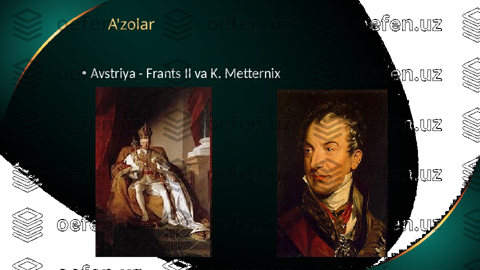 A'zolar
•
Avstriya - Frants II va K. Metternix 