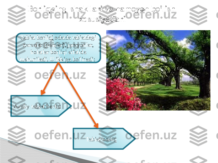     Borliqning  shakllari va namoyon bo'lish 
xususiyatlari
Tabiat borliqi odatda tabiatdagi 
narsalar (jismlar), jarayonlar, 
holatlar borliqi sifatida 
tushuniladi. U ikkiga bo'linadi: 
Azaliy tabiat borliq 
Tabiat borliq       