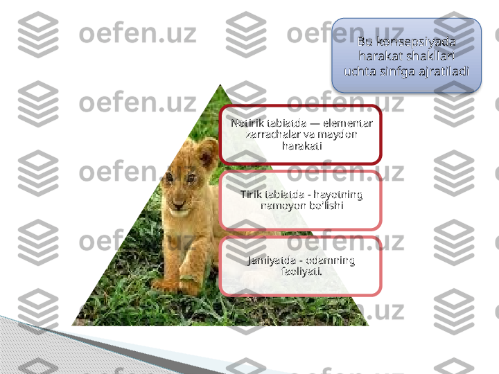 Notirik tabiatda — elementar 
zarrachalar va maydon 
harakati
Tirik tabiatda - hayotning 
namoyon bo'lishi
Jamiyatda - odamning 
faoliyati. Bu konsepsiyada 
harakat shakllari 
uchta sinfga ajratiladi         