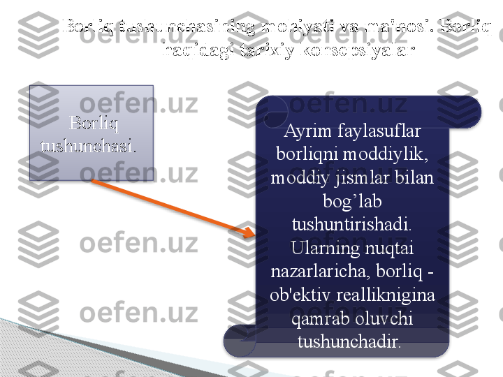 Borliq tushunchasining mohiyati va ma'nosi. Borliq  
haqidagi tarixiy konsepsiyalar
  Borliq 
tushunchasi.  Ayrim faylasuflar 
borliqni moddiylik, 
moddiy jismlar bilan 
bog’lab 
tushuntirishadi. 
Ularning nuqtai 
nazarlaricha, borliq - 
ob'ektiv realliknigina 
qamrab oluvchi 
tushunchadir.         