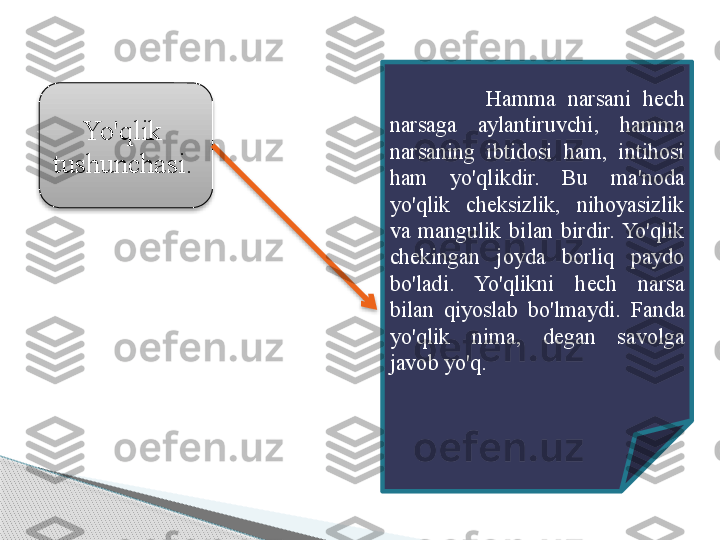 Yo'qlik 
tushunchasi.                   Hamma  narsani  hech 
narsaga  aylantiruvchi,  hamma 
narsaning  ibtidosi  ham,  intihosi 
ham  yo'qlikdir.  Bu  ma'noda 
yo'qlik  cheksizlik,  nihoyasizlik 
va  mangulik  bilan  birdir.  Yo'qlik 
chekingan  joyda  borliq  paydo 
bo'ladi.  Yo'qlikni  hech  narsa 
bilan  qiyoslab  bo'lmaydi.  Fanda 
yo'qlik  nima,  degan  savolga 
javob yo'q.       