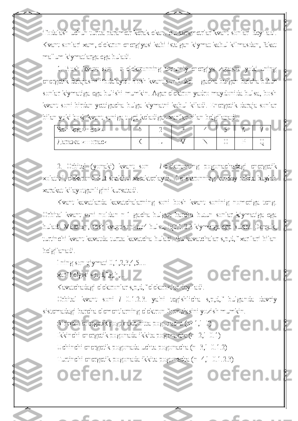 ifodalash uchun turtta parametr kerak ekan. Bu parametrlar kvant sonlari deyiladi.
Kvant sonlari xam, elektron energiyasi kabi istalgan kiymat kabul kilmasdan, fakat
ma'lum kiymatlarga ega buladi.
1.   Bosh   kvant   son   -   n-elektronning   umumiy   energiya   zapasini   yoki   uning
energetik darajasini ifodalaydi. Bosh kvant son 1 dan +  gacha bulgan barcha butun
sonlar kiymatiga ega bulishi mumkin. Agar elektron yadro maydonida bulsa, bosh
kvant  soni  birdan yettigacha  bulga  kiymatni  kabul   kiladi. Energetik daraja  sonlar
bilan yoki bosh kvant soniga tugri keladigan xarflar bilan belgilanadi.
Бош квант сони  1 2 3 4 5 6 7
Даража ишораси  К L M N O P Q
2.   Orbital   (yonaki)   kvant   son   -   l -elektronning   pogonachadagi   energetik
xolatini, elektron bulut shaklini xarakterlaydi. U elektronning kanday orbita buylab
xarakat kilayotganligini kursatadi.
Kvant   kavatlarda   kavatchalarning   soni   bosh   kvant   soninig   nomeriga   teng.
Orbital   kvant   soni   noldan   n-1   gacha   bulgan   barcha   butun   sonlar   kiymatiga   ega
buladi. Masalan, bosh kvant soni nq4 bulsa, lq0.1.2.3 kiymatga ega buladi. Demak,
turtinchi kvant kavatda turtta kavatcha buladi. Bu kavatchalar s,p,d,f xarflari bilan
belgilanadi.
l ning son qiymati 0,1,2,3,4,5....
xarf belgisi s,p,d,f,g,h,...
Kavatchadagi elektronlar s,p,d,f elektronlar deyiladi.
Orbital   kvant   soni   l= 0.1.2.3.   ya'ni   tegishlicha   s,p,d,f   bulganda   davriy
sistemadagi barcha elementlarning elektron formulasini yozish mumkin.
Birinchi energetik pogonada bitta pogonacha (n=1,l=0)
Ikkinchi energetik pogonada ikkita pogonacha (n=2,l=0.1)
Uchinchi energetik pogonada uchta pogonacha (n=3,l=0.1.2)
Turtinchi energetik pogonada ikkita pogonacha (n=4,l=0.1.2.3) 