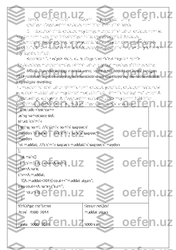 Demak  ma‘lumotlar  bazasini  yaratishda  uning  uchun 
ajratilgan o’zgaruvchini struktura nomi bilan e‘lon qilish kerak.  
C++ dasturlash tilida struktura maydoniga murojat qilish uchun struktura nomi va 
maydon nomi nuqta bilan birlashtirilgan holda amalga oshiriladi.Struktura 
ma‘lumotlarini dastur tarkibiga kiritish vaqtida har bir maydon elementlarini kiritish 
kerak bo’ladi. C++ dasturlash tilida strukturalarga murojat qilishning umumiy ko’rinishi 
quyidagicha bo’ladi: 
<operator funksiya> <struktura o’zgaruvchisi>.<maydon nomi> 
 Strukturalarga murojatni amalga oshirish uchun quyidagi masalaga e‘tibor qarating: 
Misol:  Supermarketdagi ichimlik narxi, saqlash yili haqida ma‘lumot berilgan 
2015 yildan hozirgacha chiqarilgan ichimliklarni narxini chiqaring aks holda muddati 
o’tganligini aniqlang. 
Bu masalani hal etish uchun ichimlik nomli struktura yaratiladi, strukturani ikkita narxi 
va saqlash muddati uchun maydonlari mavjud bo’ladi. Ichimlik haqidagi ma‘lumotni A 
o’zgaruvchiga saqlaymiz. A o’zgaruvchini saqlash muddati maydonini 2015 bilan 
solishtiriladi, agar kichik bo’lsa, muddati o’ tgan aks holda narxi chiqariladi.  
   #include <iostream> 
using namespace std;      
struct ichimlik 
{ string nomi;  //ichimlik nomini saqlovchi 
maydon int narx;        //ichimlik narxini saqlovchi 
maydon 
int muddat;  //ichimlik saqlash muddattini saqlovchi maydon 
}; 
   int main()                                  
   {  ichimlik A;    cin>>A.nomi; 
cin>>A.narx;    
cin>>A.muddat; 
    if(A.muddat<2015) cout<<"muddat utgan";     
else cout<<A.narx<<"sum"; 
         return 0; 
    }                                                  
Kiritishga ma‘lumot 
Pepsi   4500  2014  
 
Fanta   5000   2016  Dastur natijasi 
muddat utgan 
 
5000 sum 
  