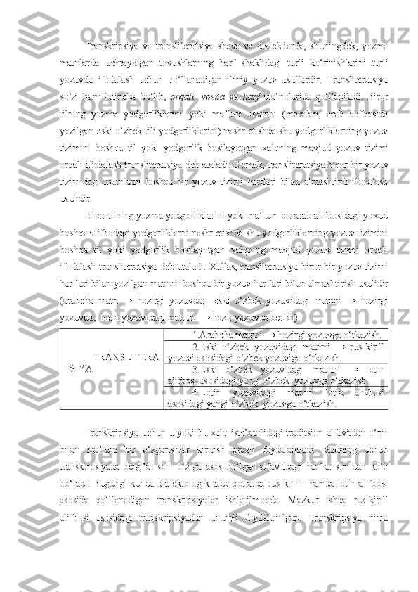 Transkripsiya   va   translitеratsiya   sheva   va   dialektlarda,   shuningdek,   yozma
matnlarda   uchraydigan   tovushlarning   harf   shaklidagi   turli   k o‘r inishlarini   turli
yozuvda   ifodalash   uchun   qo‘llanadigan   ilmiy   yozuv   usullardir.   Transliteratsiya
so‘zi   ham   lotincha   bo‘lib,   orqali,   vosita   va   harf   ma’nolarida   qo‘llaniladi .   Biror
tilning   yozma   yodgorliklarini   yoki   ma ’ lum   matnni   (masalan,   arab   alifbosida
yozilgan eski o‘zbek tili yodgorliklarini) nashr etishda shu yodgorliklarning yozuv
tizimini   boshqa   til   yoki   yodgorlik   bosilayotgan   xalqning   mavjud   yozuv   tizimi
orqali ifodalash tran s literatsiya deb ataladi. Demak, transliteratsiya biror  bir  yozuv
tizimidagi   matn larni   boshqa   bir   yozuv   tizimi   harflari   bilan   almashtirib   ifodalash
usulidir. 
Biror tilning yozma yodgorliklarini yoki ma’lum bir arab alifbosidagi yoxud
boshqa alifbodagi yodgorliklarni nashr etishda shu yodgorliklarning yozuv tizimini
boshqa   til   yoki   yodgorlik   bosilayotgan   xalqning   mavjud   yozuv   tizimi   orqali
ifodalash translitеratsiya dеb ataladi. Xullas, translitеratsiya biror bir yozuv tizimi
harflari bilan yozilgan matnni    boshqa bir yozuv  h arflari bilan almashtirish usulidir
(arabcha   matn   →   hozirgi   yozuvda;     eski   o‘zbek   yozuvidagi   matnni   →   hozirgi
yozuvda;  lotin yozuvidagi matnini →  h oz ir  yozuvda berish).  
  TRANSLITЕRA
TSIYA 1.A rabcha matn ni  → hozirgi   yozuv g a  o‘tkazish.
2.Eski   o‘zbek   yozuvidagi   matnni   →   rus-kirill
yozuvi asosidagi o‘zbek yozuviga o‘tkazish.
3.Eski   o‘zbek   yozuvidagi   matnni   →   lotin
alifbosi asosidagi yangi o‘zbek    yozuvga o‘tkazish.
4.Lotin   yozuvidagi   matnni   lotin   alifbosi
asosidagi yangi o‘zbek    yozuvga o‘tkazish.
Transkripsiya uchun u yoki bu xalq istе’molidagi traditsion alfavitdan o‘rni
bilan   ma’lum   bir   o‘zgarishlar   kiritish   orqali   foydalaniladi.   Shuning   uchun
transkri p siyada   bеlgilar   soni   o‘ziga   asos   bo‘lgan   alfavitdagi   harflar   sonidan   ko‘p
bo‘ladi. Bugungi kunda   dialektologik   tadqiqotlarda rus-kirill   hamda lotin alifbosi
asosida   qo‘llanadigan   transkripsiyalar   ishlatilmoqda.   Mazkur   ishda   rus-kirill
alifbosi   asosidagi   transkripsiyadan   unumli   foydalani lgan .   Transkripsiya   nima 