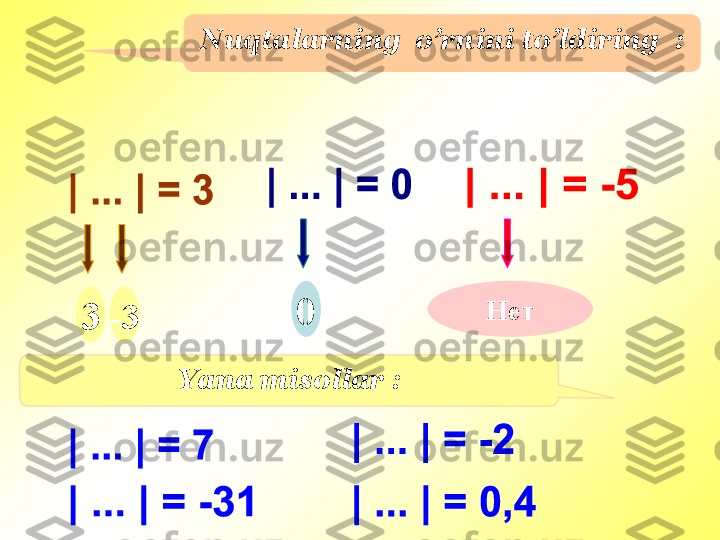 Nuqtalarning  o’rnini to’ldiring   :
3 -3 0 Нет
Yana misollar  : 