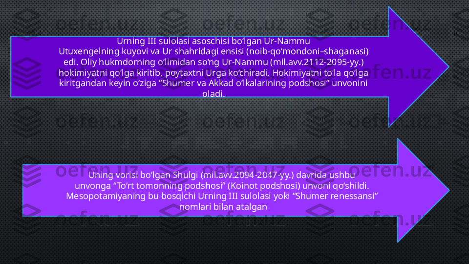 Urning III sulolasi asoschisi bo‘lgan Ur-Nammu 
Utuxengelning kuyovi va Ur shahridagi ensisi (noib-qo‘mondoni–shaganasi) 
edi. Oliy hukmdorning o‘limidan so‘ng Ur-Nammu (mil.avv.2112-2095-yy.) 
hokimiyatni qo‘lga kiritib, poytaxtni Urga ko‘chiradi. Hokimiyatni to‘la qo‘lga 
kiritgandan keyin o‘ziga “Shumer va Akkad o‘lkalarining podshosi” unvonini 
oladi. 
Uning vorisi bo‘lgan Shulgi (mil.avv.2094-2047-yy.) davrida ushbu 
unvonga “To‘rt tomonning podshosi” (Koinot podshosi) unvoni qo‘shildi. 
Mesopotamiyaning bu bosqichi Urning III sulolasi yoki “Shumer renessansi” 
nomlari bilan atalgan 