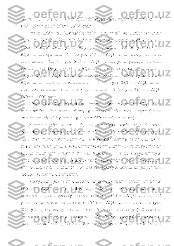 uskuna - 1,8 foiz yoki 12,7 mdn AQSh dollari, gtaxta va notoqima materiallar - 1,6
yoki 11.2 mln AQSh dollarini tashkil etgan.
Import   tarkibi   esa   kuyidagicha   bo`ldi:   qora   metall   va   ulardan   ish-langan
mahsulot   -   24,6   yoki   225,8   mln   AQSh   dollari,   mexanik   asbob-uskuna   -   13,7   yoki
125,8   mln   AQSh   dollari,   yogoch   va   yogoch   mahsulotlari   -9,8   fosh   yoki   89,8   mln
AQSh  dollari,  xyumatlar   -   6,2  foiz  yoki  56,4  mln  AQSh  dollari,  elekgr  mashina   va
asbob-uskuna   -   6,0   foiz   yoki   54,6   shn   AQSh   dollari,   yerda   yuradigan   transport
vositalari - 4,9 foiz yoki  44,99 mln AQSh dollari, kauchuk va rezina mahsulotlari -
4,0 yoki 37,0 mln AQSh dollari, farmasevtika mahsulotlari - 3,9 foiz yoki 35,7 mln
AQSh   dollari,   optik   pribor   va   apparatlar   -   -   3,1   foiz   yoki   28,2   mln   AQSh   dollari,
plastmassa   va   ulardan   ishlab   chikrrshgan   mahsulot   -2,7   foiz   yoki   25,0   mln   AQSh
dollarini tashkil etgan.
O’zaro   savdodagi   eksport   va   import   tarkibi   asosan   mahalliy   ishlab
chiqaruvchilar   uchun   raqobat   qilmaydigan   mahsulotlardan   tashkil   topgan   (odatda
ichki bo`zorlarda talab yuqori bolgan avtomobillar bundan mustasno).
Yuqoridagilardan   xulosa   qilib,   ikki   tomonlama   savdo   istiqbolda   savdo
tosiklariga   yo’l   qoymaydigan   O’zaro   manfaatli   asosda   amalga   oshirilayo`tganini
qayd   etish   mumkin.Mamlakatimizda   Rossiya   sarmoyasining   ishtirokida   tashkil
etilgan korxonalar hamda Rossiya kompaniya va firmalarining akkredetasiya qilingan
vakolatxonalari   soni   kopayib   bormokda.   Masalan,   2003   yilda   Rossiya   sarmoyasi
ishtirokida mamlakatimizda 309 ta korxona faoliyat yuritgan bo`lsa, 2004 yilda ularni
soni 390 taga yetgan. Ulardan 54 foizi Rossiya investisiyasi asosida faoliyat yuri-tadi,
295 tasi esa qoshma korxonalardir.
Rossiya sarmoyasi ishtirokida tashkil etilgan korxonalarning nizom jamgarmasi
88,5   mln   AQSh   dollarini   tashkil   etgan.   2004   yil   natijalariga   ko`ra   ushbu
korxonalarning tashqi savdo ayirboshlash ko`rsatkichi 81,8 mln AQSh dollarini, 2005
yilning avgustiga qadar esa bu korsatkich 76,5 mln AQSh dollarini tashkil qildi (yani
2004   yilning   shu   davriga   nisbatan   o`sish   1,7   barobar   ortiq   bolgan).   O’zbekiston
mintaqalari   nuqtai   nazaridan   olinadigan   bo`lsa,   faoliyat   yuritayo`tgan   korxonalar
asosan   Toshkent   shahri,   Toshkent,   Samarqand,   Buxoro,   Andijon   hamda   Fargona 