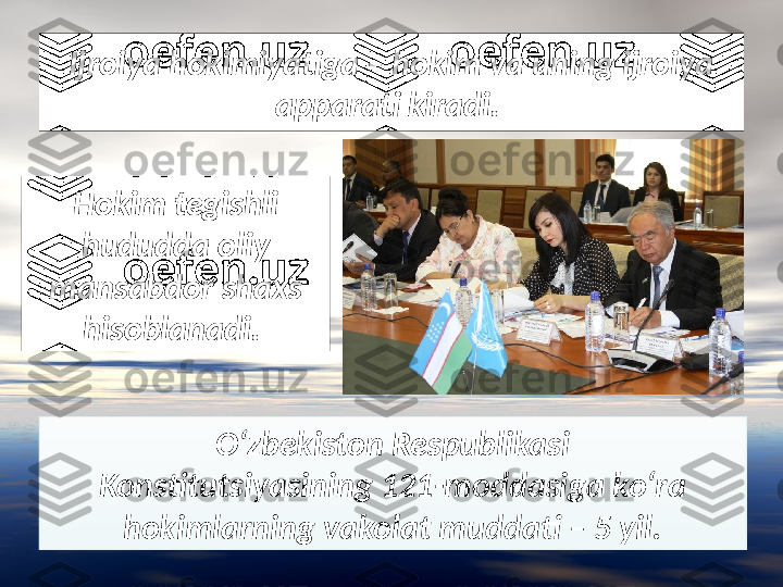 Ijroiya hokimiyatiga – hokim va uning ijroiya 
apparati kiradi. 
Hokim tegishli 
hududda oliy 
mansabdor shaxs 
hisoblanadi. 
O‘zbekiston Respublikasi
Konstitutsiyasining 121-moddasiga ko‘ra 
hokimlarning vakolat muddati – 5 yil. 