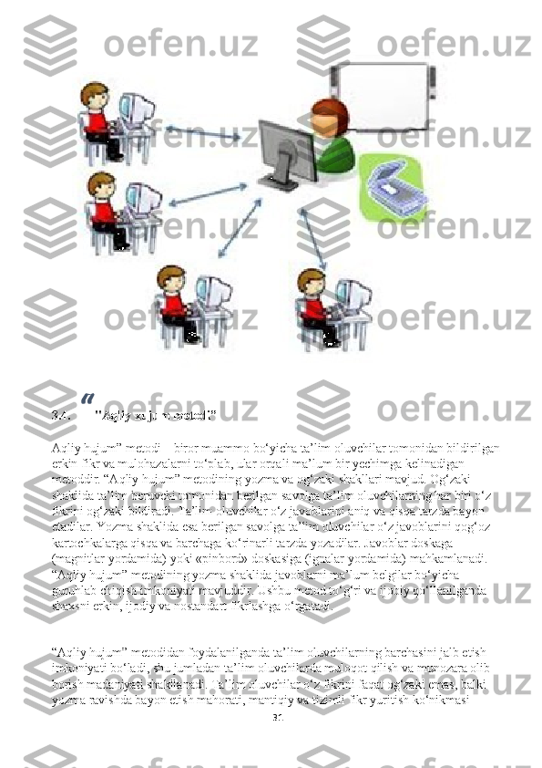 3.4.  “ "Aqliy xujum metodi”
Aqliy hujum” metodi – biror muammo bо‘yicha ta’lim oluvchilar tomonidan bildirilgan 
erkin fikr va mulohazalarni tо‘plab, ular orqali ma’lum bir yechimga kelinadigan 
metoddir. “Aqliy hujum” metodining yozma va og‘zaki shakllari mavjud. Og‘zaki 
shaklida ta’lim beruvchi tomonidan berilgan savolga ta’lim oluvchilarning har biri о‘z 
fikrini og‘zaki bildiradi. Ta’lim oluvchilar о‘z javoblarini aniq va qisqa tarzda bayon 
etadilar. Yozma shaklida esa berilgan savolga ta’lim oluvchilar о‘z javoblarini qog‘oz 
kartochkalarga qisqa va barchaga kо‘rinarli tarzda yozadilar. Javoblar doskaga 
(magnitlar yordamida) yoki «pinbord» doskasiga (ignalar yordamida) mahkamlanadi. 
“Aqliy hujum” metodining yozma shaklida javoblarni ma’lum belgilar bо‘yicha 
guruhlab chiqish imkoniyati mavjuddir. Ushbu metod tо‘g‘ri va ijobiy qо‘llanilganda 
shaxsni erkin, ijodiy va nostandart fikrlashga о‘rgatadi. 
“Aqliy hujum” metodidan foydalanilganda ta’lim oluvchilarning barchasini jalb etish 
imkoniyati bо‘ladi, shu jumladan ta’lim oluvchilarda muloqot qilish va munozara olib 
borish madaniyati shakllanadi. Ta’lim oluvchilar о‘z fikrini faqat og‘zaki emas, balki 
yozma ravishda bayon etish mahorati, mantiqiy va tizimli fikr yuritish kо‘nikmasi 
31 