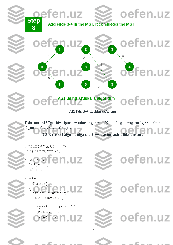 MSTda 3-4 chekka qo'shing
Eslatma:   MSTga   kiritilgan   qirralarning   soni   ( N   –   1)   ga   teng   bo lgani   uchunʻ
algoritm shu yerda to xtaydi.	
ʻ
2.3 Kruskal algoritmiga oid C++ dasturlash tilida dastur.
#include <bits/stdc++.h>
using   namespace   std;
 
class   DSU {
        int* parent;
        int* rank;
 
public:
        DSU(int   n)
        {
                parent = new   int[n];
                rank = new   int[n];
 
                for   (int   i = 0; i < n; i++) {
                        parent[i] = -1;
                        rank[i] = 1;
                }
12 