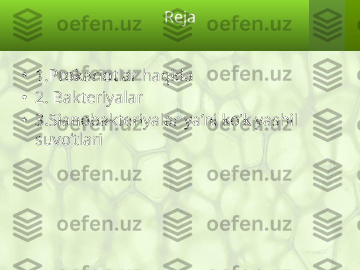 Reja
•
1.Prokariotlar haqida
•
2. Bakteriyalar 
•
3.Sianobakteriyalar ya’ni ko’k yashil 
suvo’tlari 