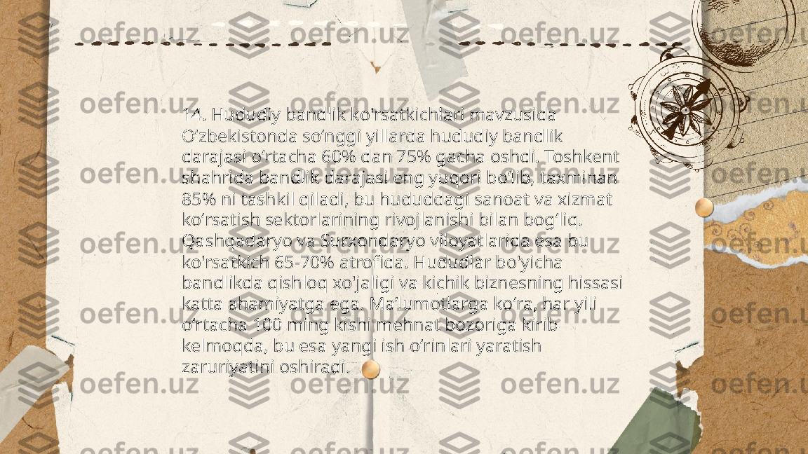 ...
t.me/slaydai_bot 14. Hududiy bandlik ko'rsatkichlari mavzusida 
Oʻzbekistonda soʻnggi yillarda hududiy bandlik 
darajasi oʻrtacha 60% dan 75% gacha oshdi. Toshkent 
shahrida bandlik darajasi eng yuqori boʻlib, taxminan 
85% ni tashkil qiladi, bu hududdagi sanoat va xizmat 
koʻrsatish sektorlarining rivojlanishi bilan bogʻliq. 
Qashqadaryo va Surxondaryo viloyatlarida esa bu 
ko'rsatkich 65-70% atrofida. Hududlar bo'yicha 
bandlikda qishloq xo'jaligi va kichik biznesning hissasi 
katta ahamiyatga ega. Maʼlumotlarga koʻra, har yili 
oʻrtacha 100 ming kishi mehnat bozoriga kirib 
kelmoqda, bu esa yangi ish oʻrinlari yaratish 
zaruriyatini oshiradi. 