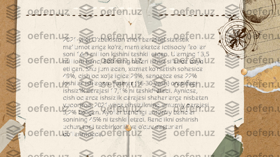 ...
t.me/slaydai_bot 2021-yilgi Oʻzbekiston aholi bandligi statistik 
maʼlumotlariga koʻra, mamlakatda iqtisodiy faollar 
soni 14,3 million kishini tashkil etgan. Ularning 13,5 
millioni band, 800 ming nafari ishsiz sifatida qayd 
etilgan. Shu jumladan, xizmat koʻrsatish sohasida 
49%, qishloq xoʻjaligida 29%, sanoatda esa 22% 
kishilar ishlagan. Yoshlar (16-30 yosh) orasidagi 
ishsizlik darajasi 17,1% ni tashkil etadi. Аyniqsa, 
qishloqlarda ishsizlik darajasi shaharlarga nisbatan 
yuqoriroq. 2021-yilda ishsizlikning umumiy darajasi 
5,2% boʻlgan. Ayollar bandligi umumiy bandlar 
sonining 45% ni tashkil etadi. Bandlikni oshirish 
uchun turli tadbirkorlik va oʻquv dasturlari 
qoʻllanmoqda. 