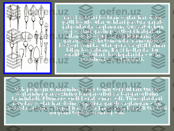 Yassi uchlari bo'lgan o'qlar har doim 
patli bo'lib, ular uchlari pastga qarab 
qalqonlarda saqlangan. Quvvat uchun 
o'q o'qlari qayin po'stlog'i halqalari 
bilan uchi ostiga yopishtirilgan. Va 
qarama-qarshi tomonda, kamonning 
ko'zogi yonida, ular qora va qizil kamar 
bilan bo'yalgan. Ba'zi hollarda, bu 
egalik belgilari, boshqalarida - uchi 
turining ko'rsatkichlari.
Uch pichoqli uchlarining keng temir tekisliklari turkiy 
o'qlarning parvozining barqarorligi va barqarorligini 
ta'minladi. Plumage endi kerak emas edi. Tirnoqlardagi 
bunday o'qlar har doim yuqoriga qarab saqlangan - bu 
holatda, ulardan ko'pi kirardi. Va jangchiga kerakli turdagi 
nuqtani topish osonroq edi. 